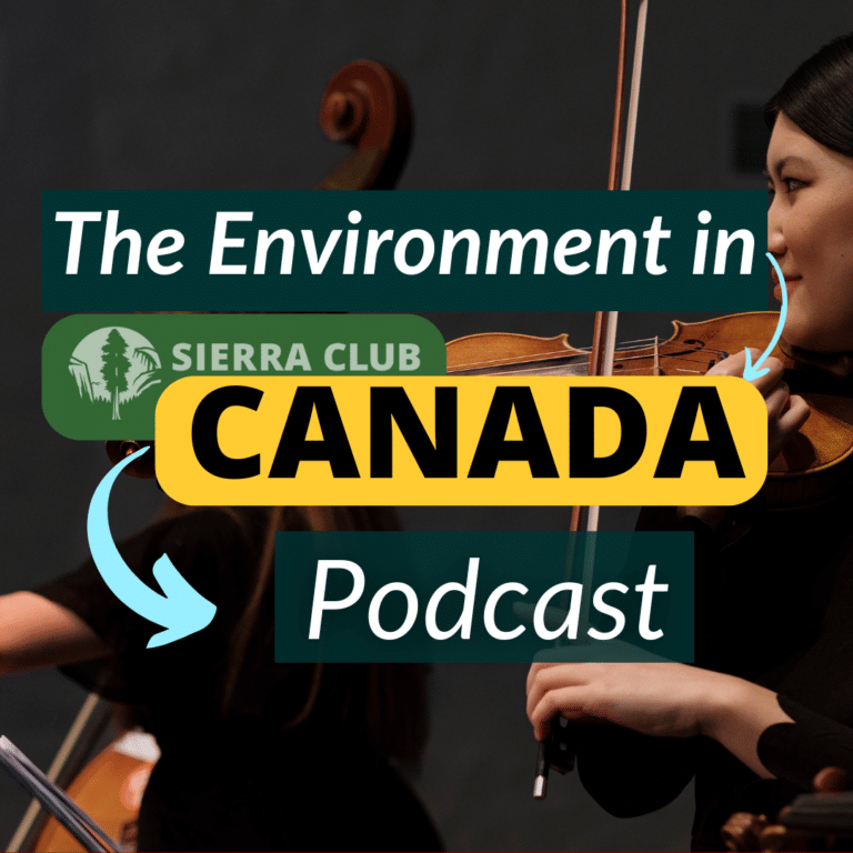 Podcast on the Gala de la Terre image shows the text The Environment in Canada Podcast on yellow, blue, an green above an image of musicians in an orchestra
