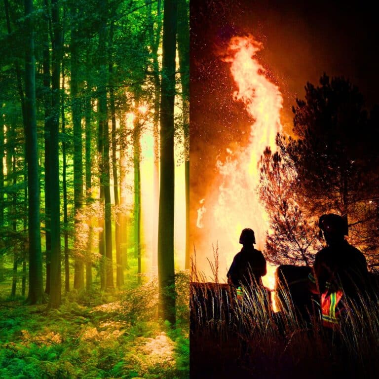 Emissions Cap and Prosperity in Canada and oil and gas: Picture of a healthy forest and another picture of a forest on fire