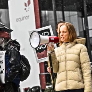 Equinor Oil Spill Modelling photo of a Brazilian activist protesting against Equinor's Bacalhau oil project in Brazil