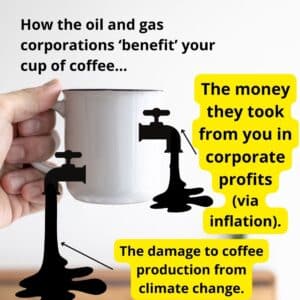 Climate Change Family Talk page picture of a cup of coffee being drained by oil and gas corporate profits and the damage to coffee production from climate change.