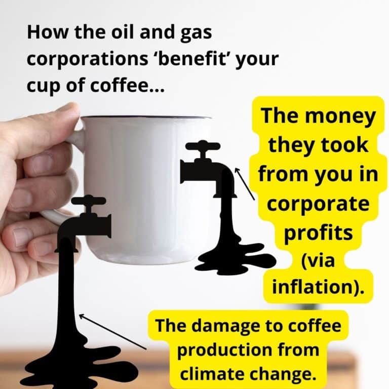 Climate Change Family Talk page picture of a cup of coffee being drained by oil and gas corporate profits and the damage to coffee production from climate change.